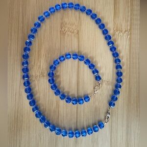 Blue Faceted Frosted Blue Glass Necklace and Bracelet Set